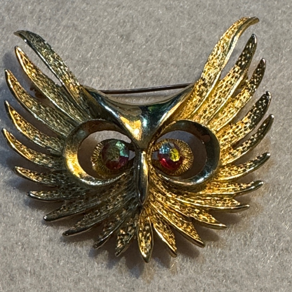 Vintage Park Lane signed Gold rhinestone eyes Owl Brooch